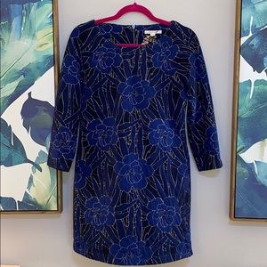 White Stuff Blue Metallic Jacquard Dress Size 8 EUC